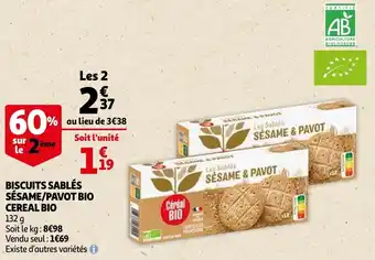 Auchan Biscuits sablés sésame/pavot bio cereal bio offre