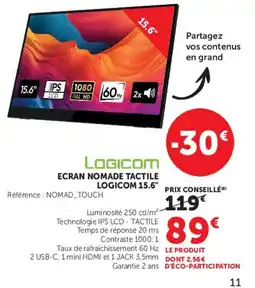 Hyper U LOGICOM ECRAN NOMADE TACTILE LOGICOM 15.6" offre