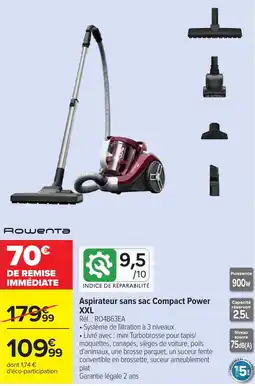 Carrefour Rowenta Aspirateur sans sac Compact Power XXL offre