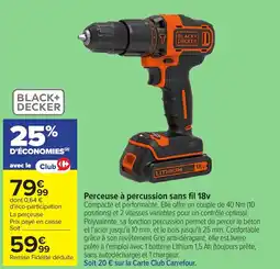 Carrefour BLACK+DECKER Perceuse à percussion sans fil 18v offre