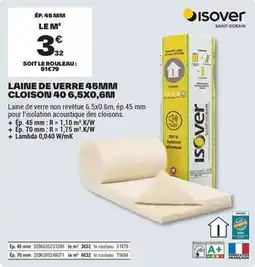 Brico Dépôt Isover - laine de verre 45mm 40 6,5x0.6m offre