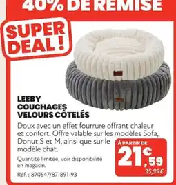 Animalis LEEBY COUCHAGES VELOURS CÔTÉLÉS offre