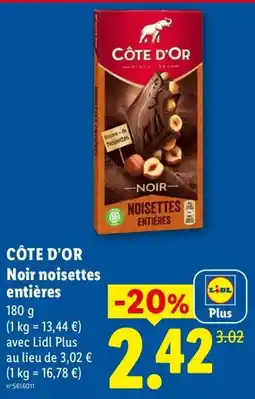 Lidl CÔTE D'OR Noir noisettes entières offre