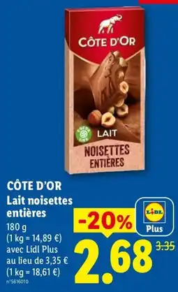 Lidl CÔTE D'OR Lait noisettes entières offre