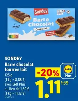 Lidl SONDEY Barre chocolat fourrée lait offre