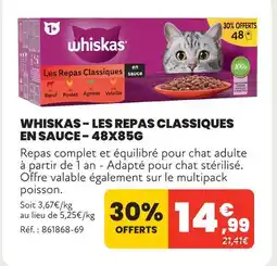 Animalis Whiskas les repas classiques en sauce - 48x85g offre
