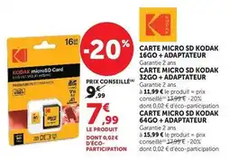 Hyper U Kodak - carte micro sd 16go + adaptateur 64go + adaptateur offre
