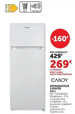 Super U Candy - refrigerateur 2 portes 211 l offre