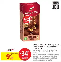 Intermarché Hyper CÔTE D'OR TABLETTES DE CHOCOLAT AU LAIT NOISETTES ENTIÈRES offre