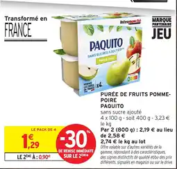 Intermarché Express PAQUITO PURÉE DE FRUITS POMME-POIRE offre