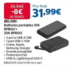 Costco BELKIN Batteries portables 10K BPB021+ 20K BPB012 offre