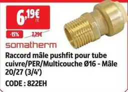 Screwfix somatherm Raccord mâle pushfit pour tube cuivre/PER/Multicouche Ø16 - Mâle 20/27 (3/4') offre