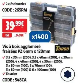 Screwfix TURBO Vis à bois aggloméré fraisées PZ 6mm x 120mm offre