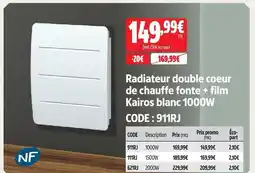 Screwfix Kairos radiateur double coeur de chauffe fonte + film blanc 1000 w offre