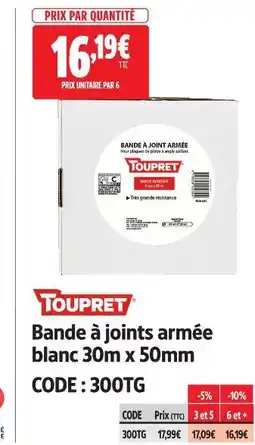 Screwfix Toupret bande à joints armée blanc 30m x 50mm offre