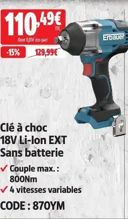 Screwfix Erbauer clé à choc 18v li-ion ext sans batterie offre