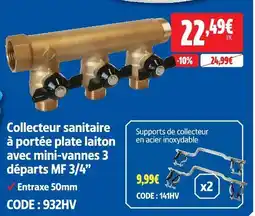 Screwfix Collecteur sanitaire à portée plate laiton avec mini-vannes 3 départs mf 3/4 offre