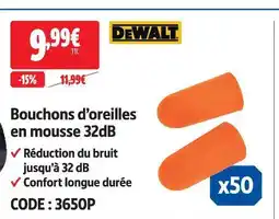 Screwfix Dewalt bouchons d’oreilles en mousse 32db offre