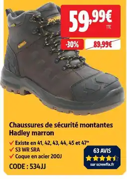 Screwfix Dewalt chaussures de sécurité montantes hadley marron offre