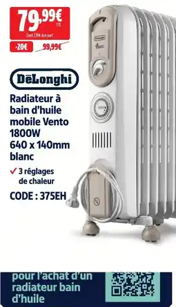 Screwfix Delonghi radiateur à bain d'huile mobile vento 1800w 640 x 140mm blanc offre