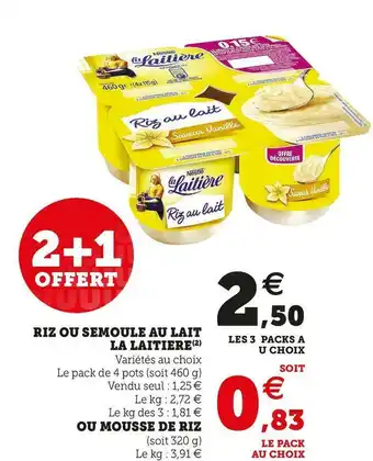 Super U La laitiere riz ou semoule au lait offre