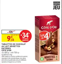 Intermarché Contact CÔTE D'OR TABLETTES DE CHOCOLAT AU LAIT NOISETTES ENTIÈRES offre