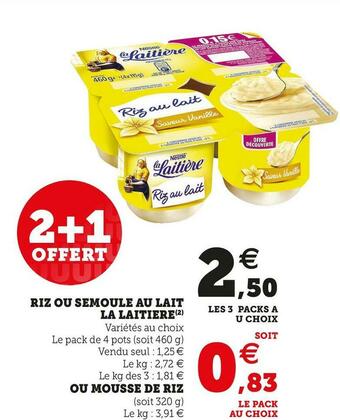 U Express La laitiere riz ou semoule au lait offre