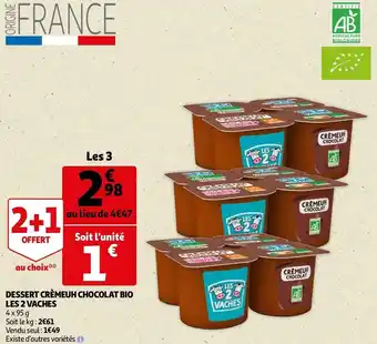 Auchan Les 2 vaches dessert crèmeuh chocolat bio offre