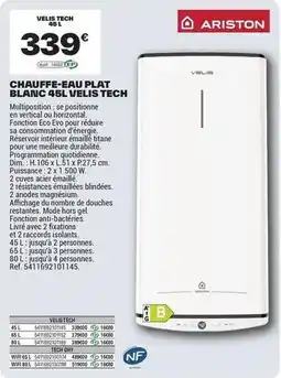 Brico Dépôt Ariston - chauffe-eau plat blanc 45l velis tech offre