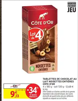 Intermarché Côte d'or tablettes de chocolat au lait noisettes entières offre