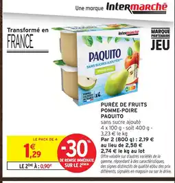 Intermarché Paquito purée de fruits pomme-poire offre