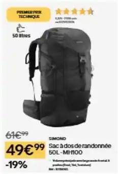 Decathlon Sac a dos de randomée 50l-mh100 offre