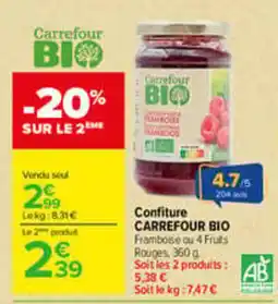 Carrefour Carrefour BIO Confiture Framboise ou 4 Fruits Rouges offre