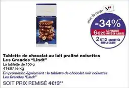 Monop' Lindt - tablette de chocolat au lait praliné noisettes offre