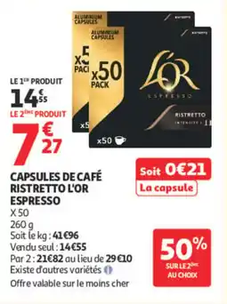 Auchan L'or capsules de cafe ristretto espresso offre