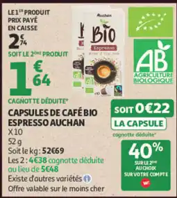 Auchan Auchan Capsules de café bio espresso offre