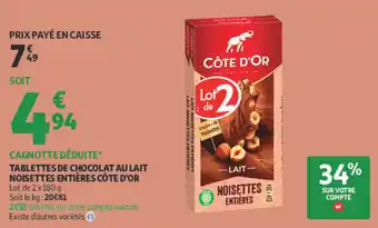 CÔTE D'OR TABLETTES DE CHOCOLAT AU LAIT NOISETTES ENTIÈRES