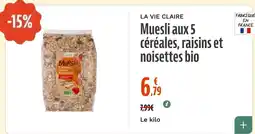La Vie Claire La vie claire muesli aux 5 céréales, raisins et noisettes bio offre