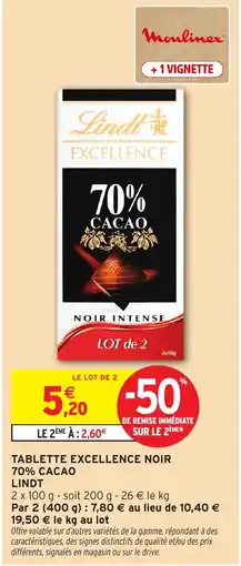 Intermarché Lindt TABLETTE EXCELLENCE NOIR 70% CACAO offre