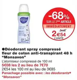 Monoprix Monsavon Déodorant spray compressé fleur de coton anti-transpirant 48 h offre