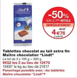 Monoprix Lindt Tablettes chocolat au lait extra fin offre