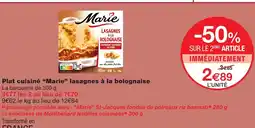 Monoprix Marie plat cuisiné lasagnes à la bolognaise offre
