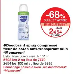 Monoprix Monsavon déodorant spray compressé fleur de coton anti-transpirant 48 h offre