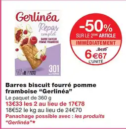 Monoprix Gerlinea barres biscuit fourré pomme framboise offre