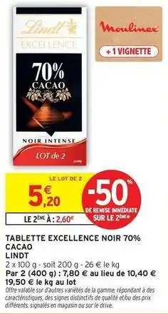Intermarché Contact Lindt - tablette excellence noir 70% cacao offre