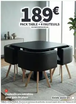 Conforama Pack table + 4 fauteuils offre