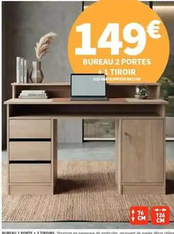 Chêne - bureau 2 portes +1 tiroir