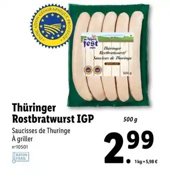 Lidl Thüringer rostbratwurst IGP offre