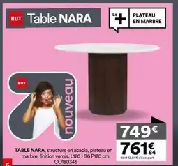 BUT Table mara, structure en acacia, plateau en marbre, finition vernis, l120 h76 p120 cm offre