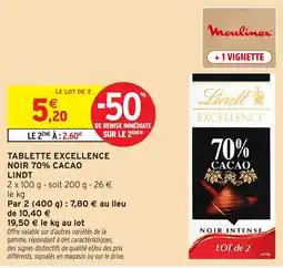 Intermarché Hyper Lindt TABLETTE EXCELLENCE NOIR 70% CACAO offre